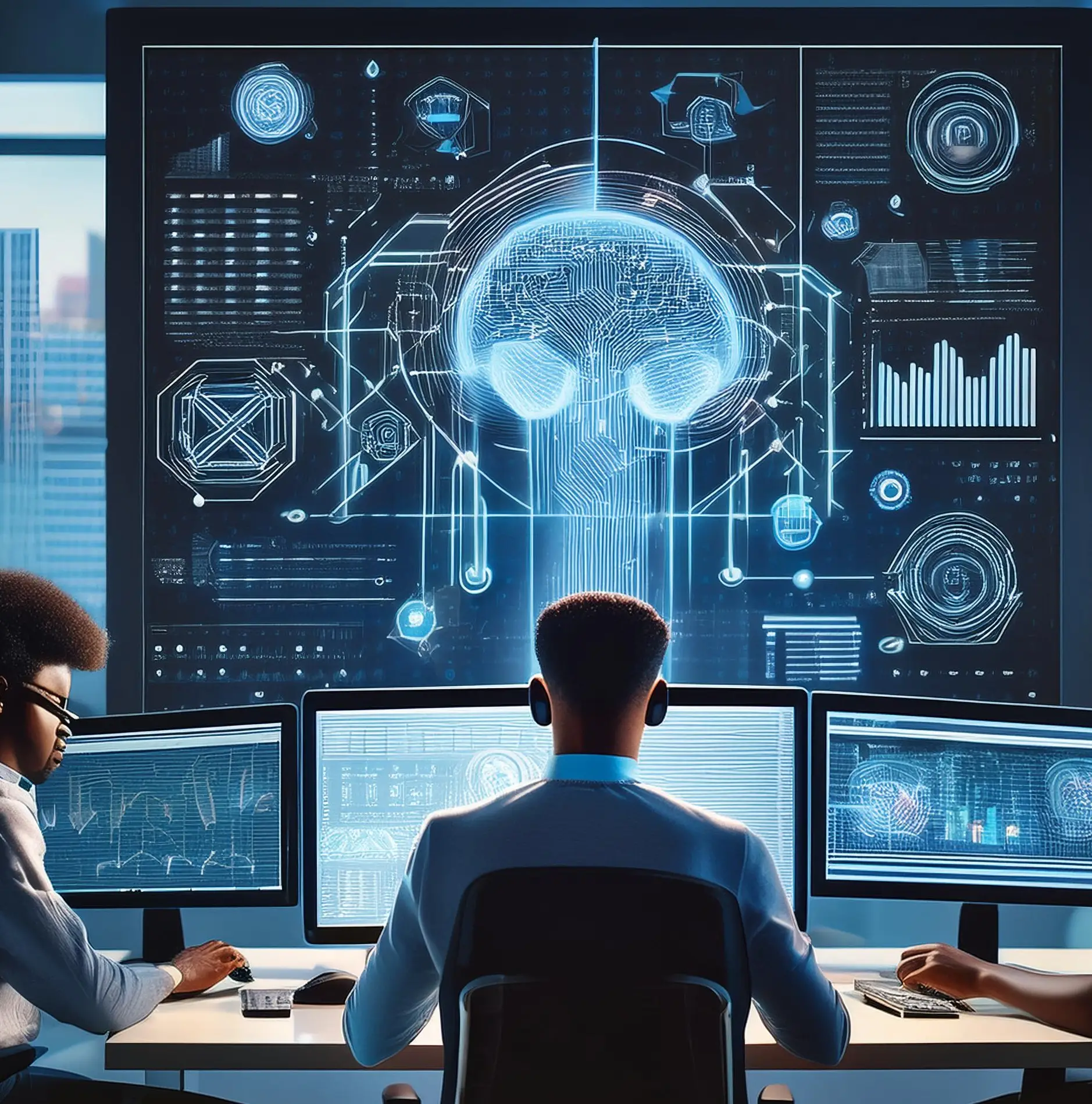 Business professional sitting in front of computer screens futuristic Ai theme