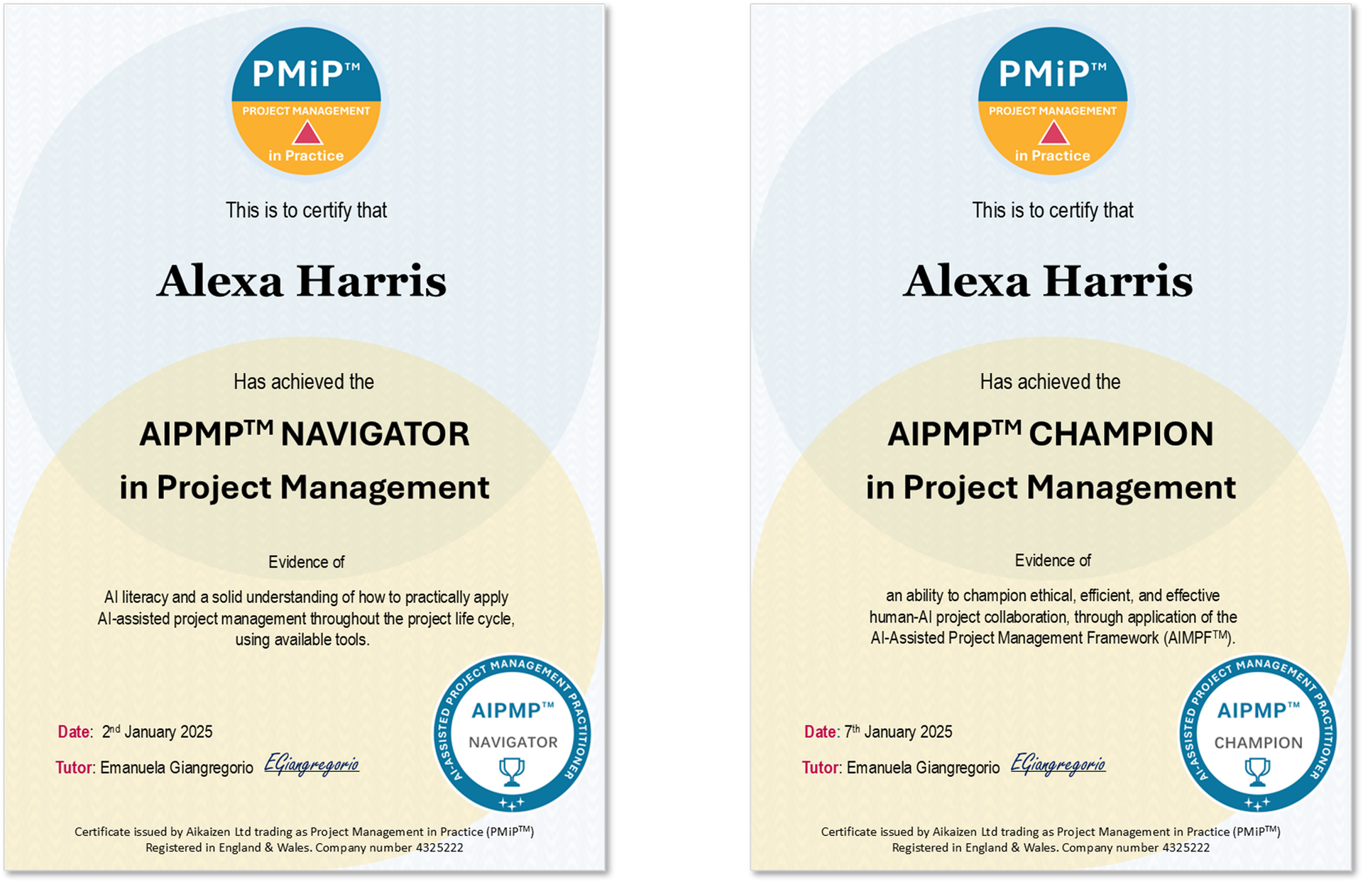 AIPMP Navigator and Champion certificate examples offered by Project Management in Practice