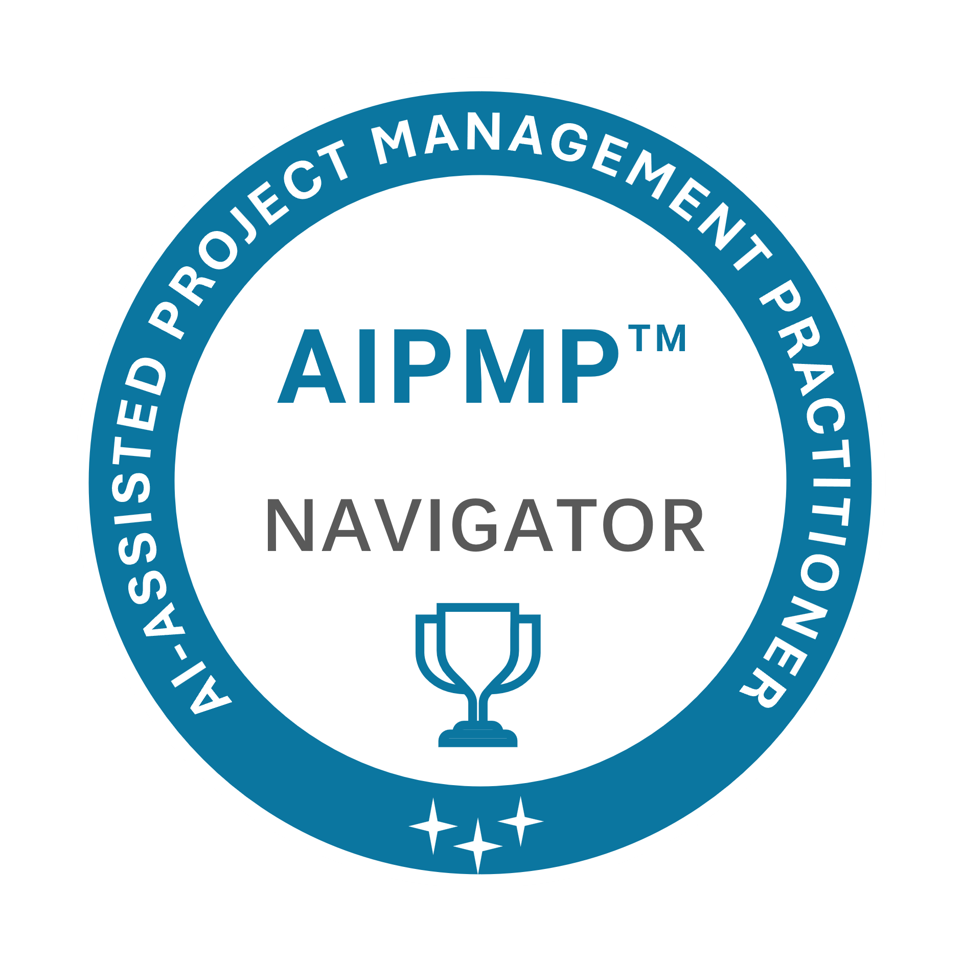 Round badge for the AI project management navigator certification in blue and white