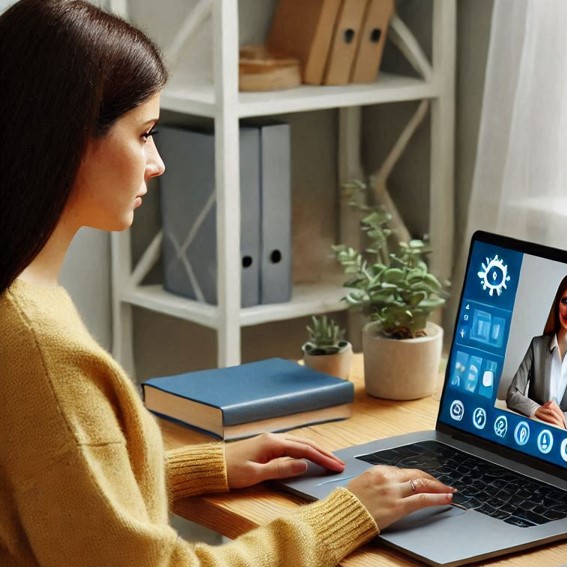 Woman working working on her laptop in a virtual meeting with another person