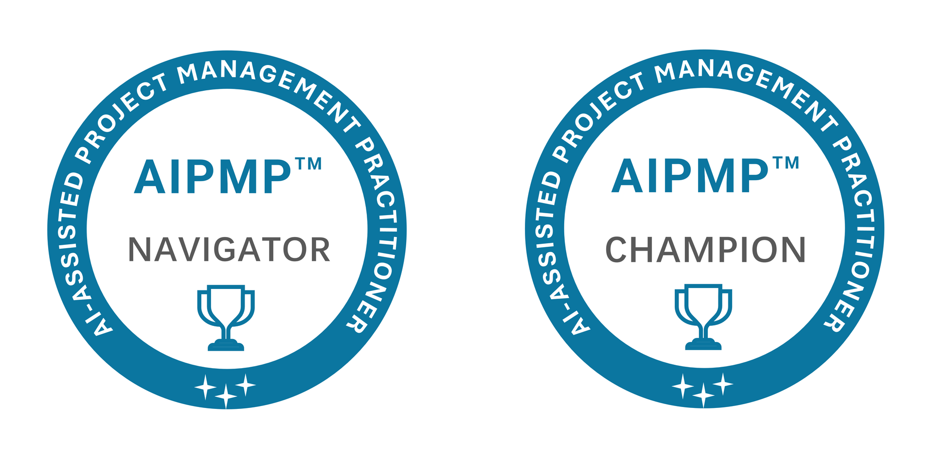 Two badges for AI project management certification navigator and champion