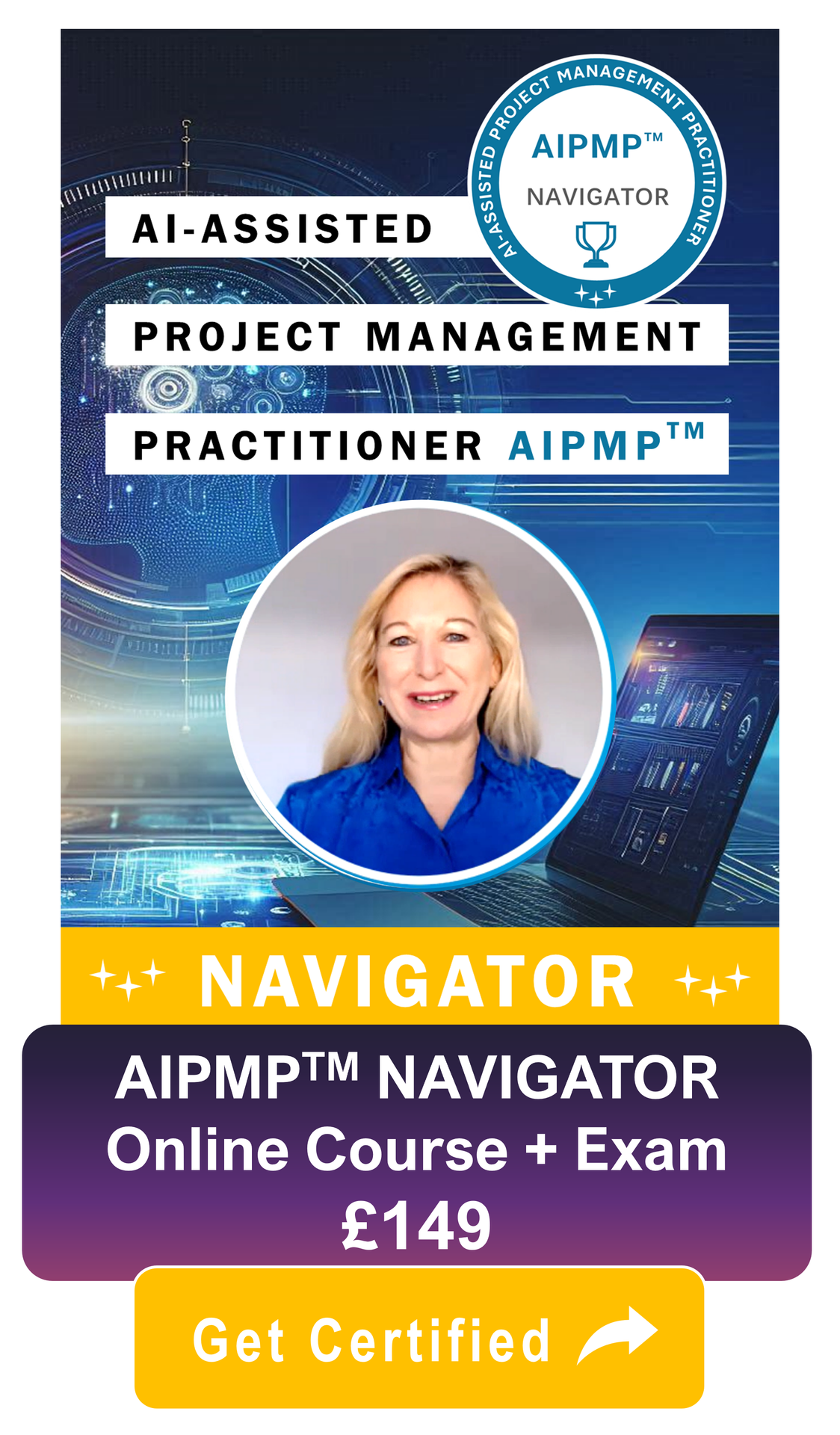 Trainer Emanuela G on an AI-themed background talking about the Navigator certification